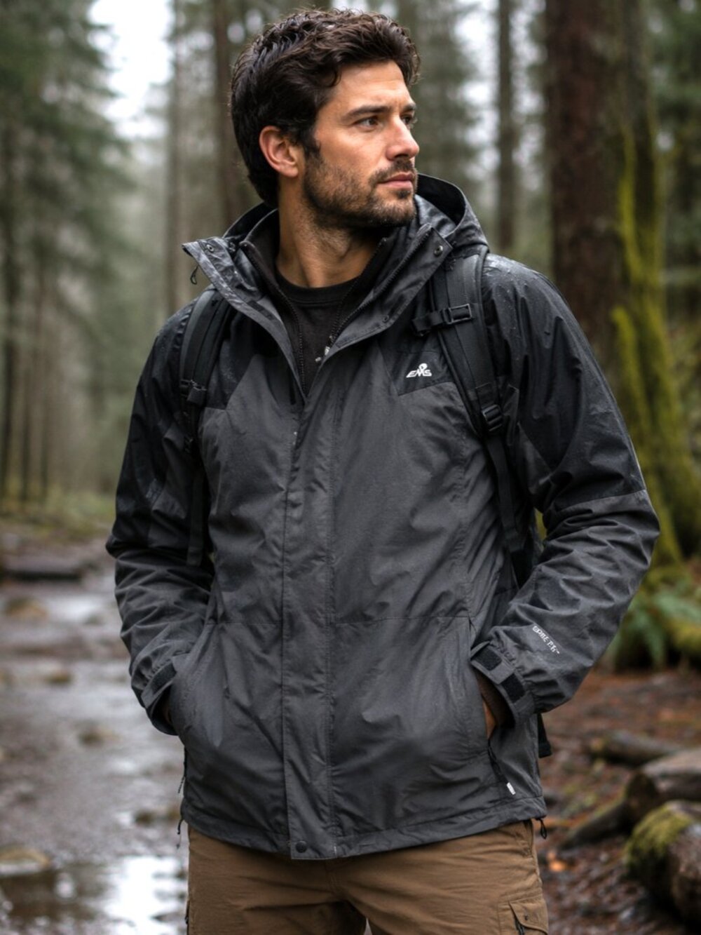 EMS GoreTex Rain Jacket Mens Large Waterproof Hooded Hiking Shell Black Gray
